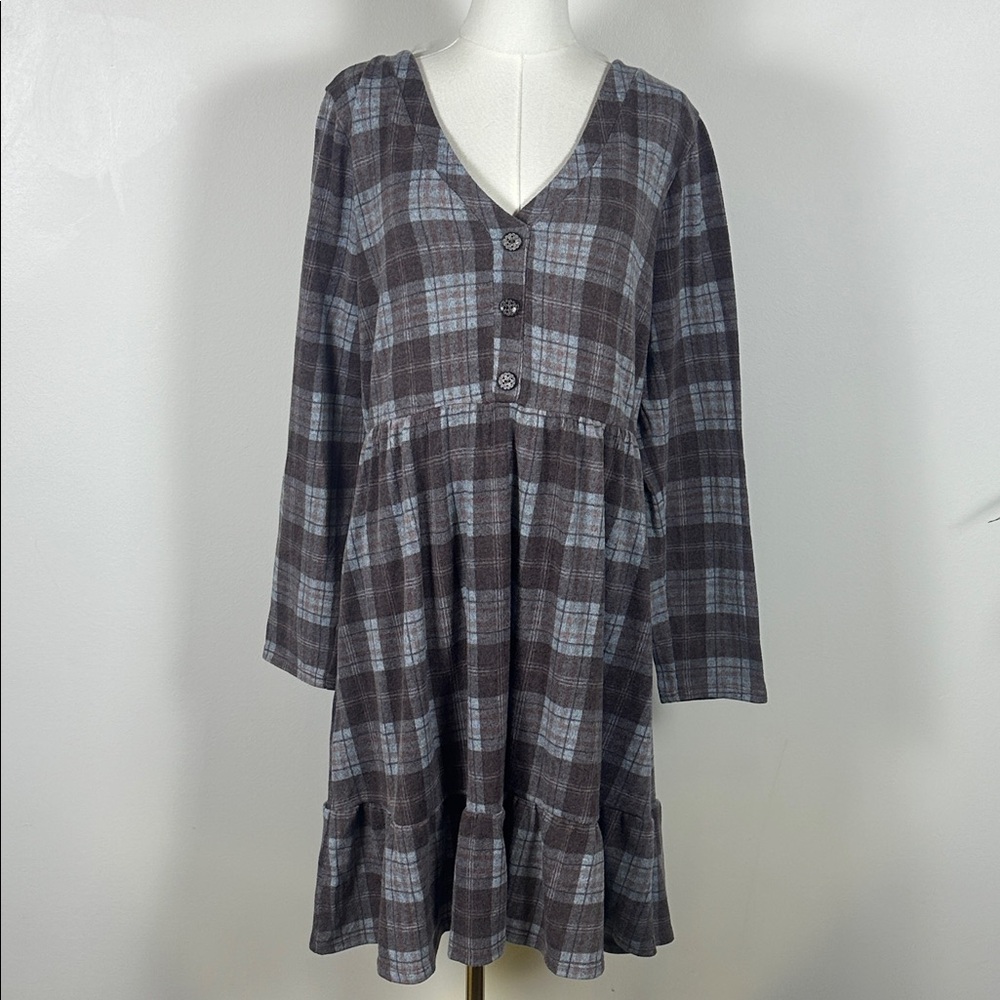 Womens Babydoll Long Sleeve Tiered Relaxed Dark Academia Plaid Peasant‎ Dress 1X